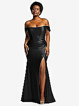 Front View Thumbnail - Black Off-the-Shoulder Corset Stretch Satin Mermaid Dress with Slight Train