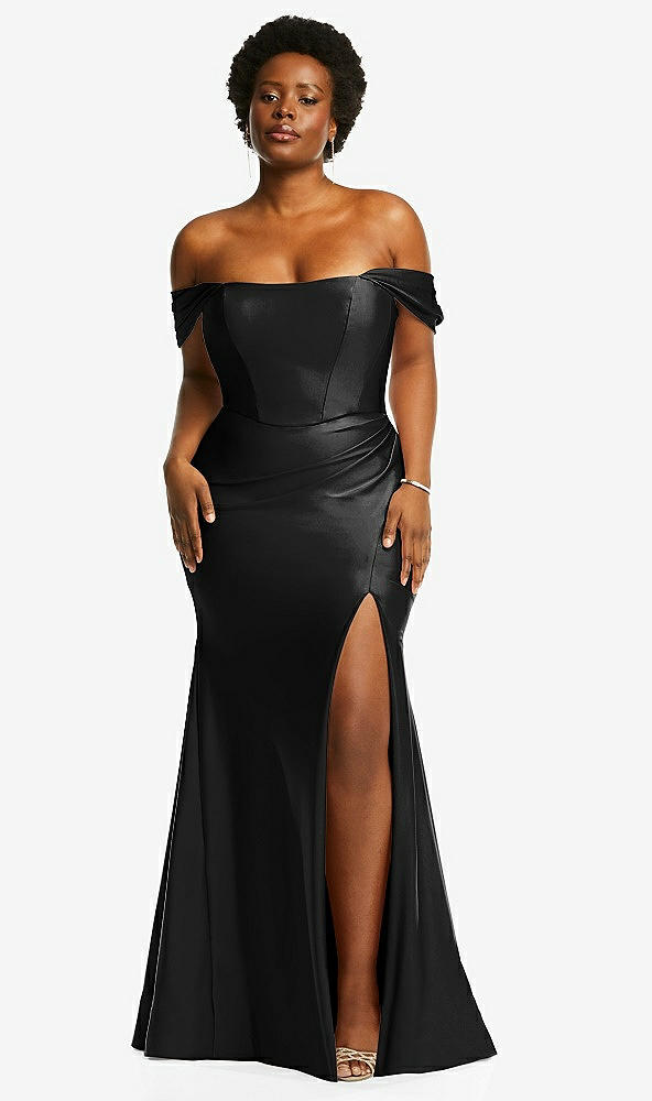 Front View - Black Off-the-Shoulder Corset Stretch Satin Mermaid Dress with Slight Train