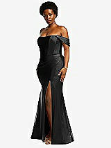 Side View Thumbnail - Black Off-the-Shoulder Corset Stretch Satin Mermaid Dress with Slight Train