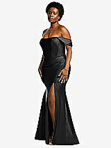 Rear View Thumbnail - Black Off-the-Shoulder Corset Stretch Satin Mermaid Dress with Slight Train