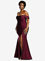 Rear View Thumbnail - Cabernet Off-the-Shoulder Corset Stretch Satin Mermaid Dress with Slight Train