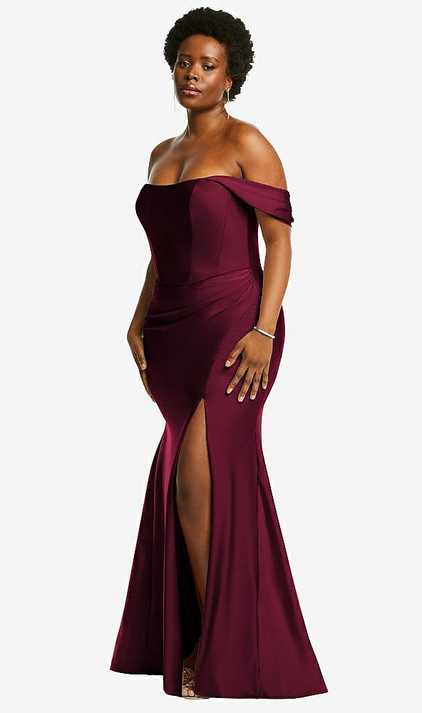 Back View - Cabernet Off-the-Shoulder Corset Stretch Satin Mermaid Dress with Slight Train