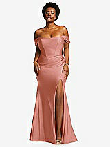 Front View Thumbnail - Desert Rose Off-the-Shoulder Corset Stretch Satin Mermaid Dress with Slight Train