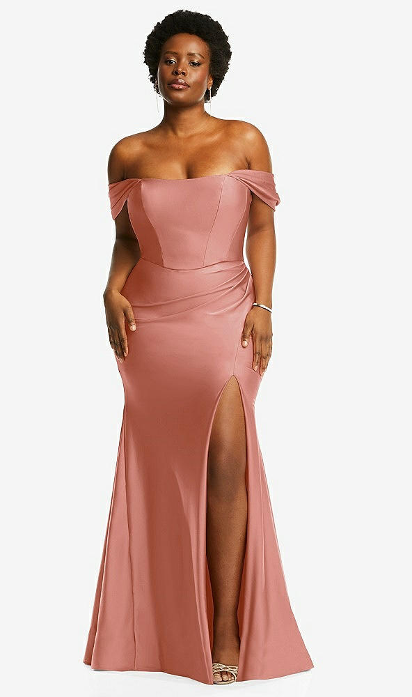 Front View - Desert Rose Off-the-Shoulder Corset Stretch Satin Mermaid Dress with Slight Train