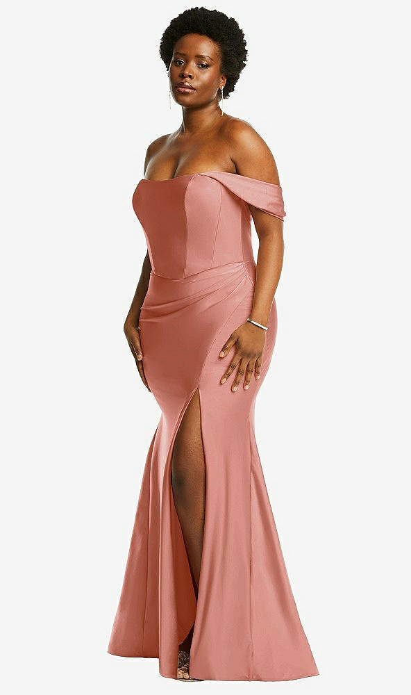 Back View - Desert Rose Off-the-Shoulder Corset Stretch Satin Mermaid Dress with Slight Train