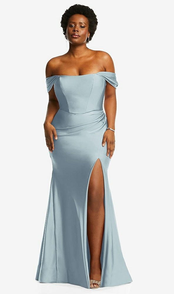 Front View - Mist Off-the-Shoulder Corset Stretch Satin Mermaid Dress with Slight Train