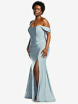 Rear View Thumbnail - Mist Off-the-Shoulder Corset Stretch Satin Mermaid Dress with Slight Train
