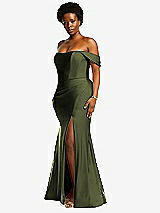 Side View Thumbnail - Olive Green Off-the-Shoulder Corset Stretch Satin Mermaid Dress with Slight Train