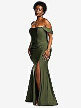 Rear View Thumbnail - Olive Green Off-the-Shoulder Corset Stretch Satin Mermaid Dress with Slight Train