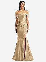 Alt View 1 Thumbnail - Soft Gold Off-the-Shoulder Corset Stretch Satin Mermaid Dress with Slight Train
