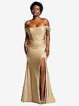 Front View Thumbnail - Soft Gold Off-the-Shoulder Corset Stretch Satin Mermaid Dress with Slight Train