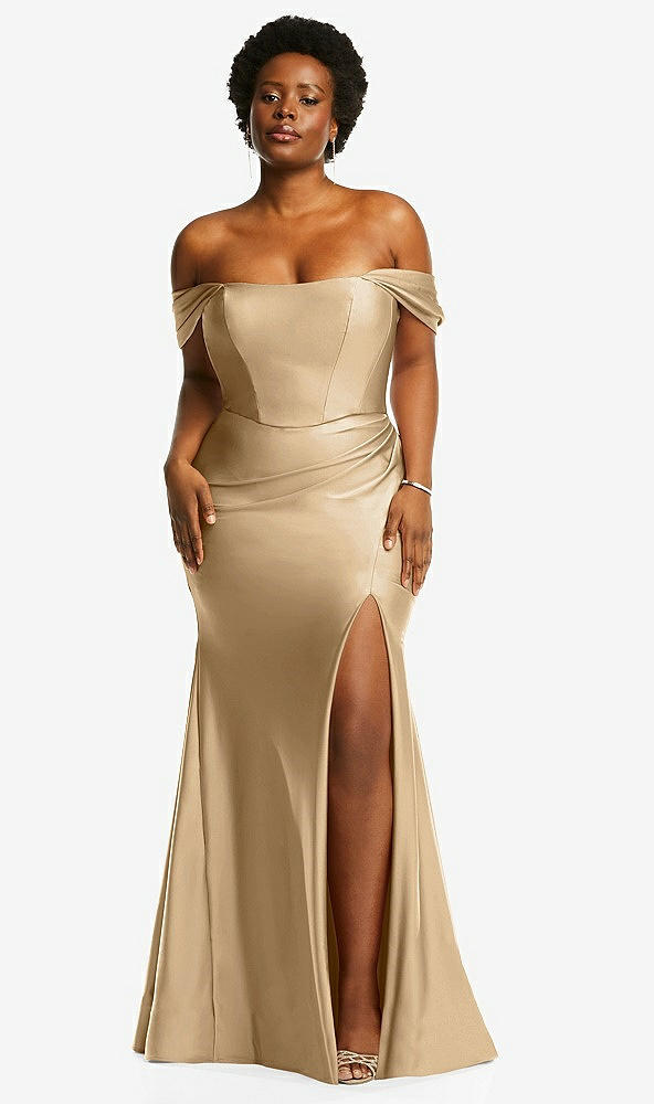 Front View - Soft Gold Off-the-Shoulder Corset Stretch Satin Mermaid Dress with Slight Train