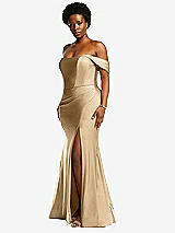 Side View Thumbnail - Soft Gold Off-the-Shoulder Corset Stretch Satin Mermaid Dress with Slight Train