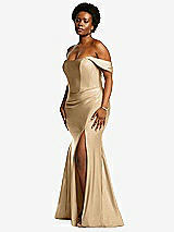Rear View Thumbnail - Soft Gold Off-the-Shoulder Corset Stretch Satin Mermaid Dress with Slight Train