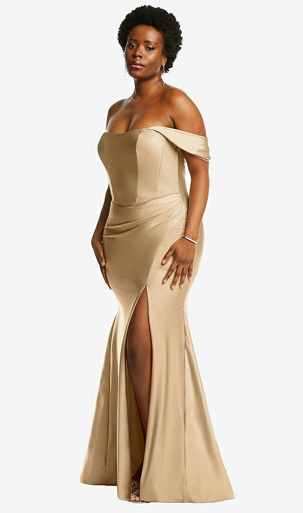 Back View - Soft Gold Off-the-Shoulder Corset Stretch Satin Mermaid Dress with Slight Train
