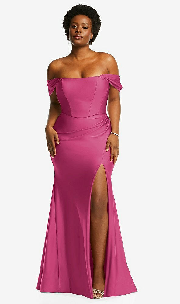 Front View - Tea Rose Off-the-Shoulder Corset Stretch Satin Mermaid Dress with Slight Train