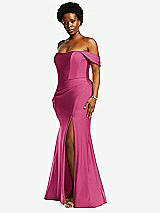 Side View Thumbnail - Tea Rose Off-the-Shoulder Corset Stretch Satin Mermaid Dress with Slight Train