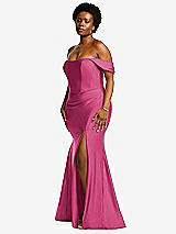 Rear View Thumbnail - Tea Rose Off-the-Shoulder Corset Stretch Satin Mermaid Dress with Slight Train