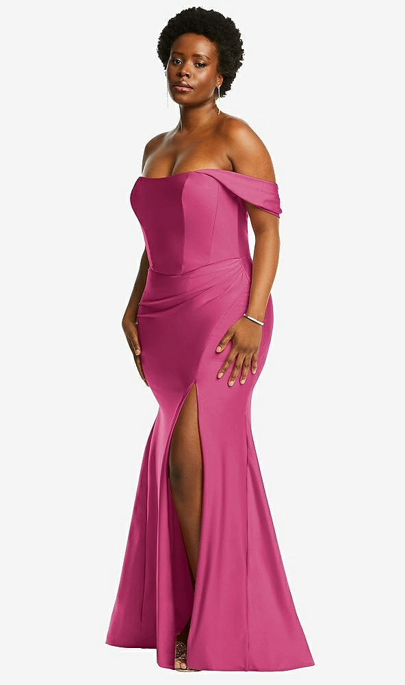 Back View - Tea Rose Off-the-Shoulder Corset Stretch Satin Mermaid Dress with Slight Train