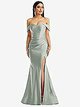 Alt View 1 Thumbnail - Willow Green Off-the-Shoulder Corset Stretch Satin Mermaid Dress with Slight Train
