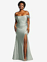Front View Thumbnail - Willow Green Off-the-Shoulder Corset Stretch Satin Mermaid Dress with Slight Train