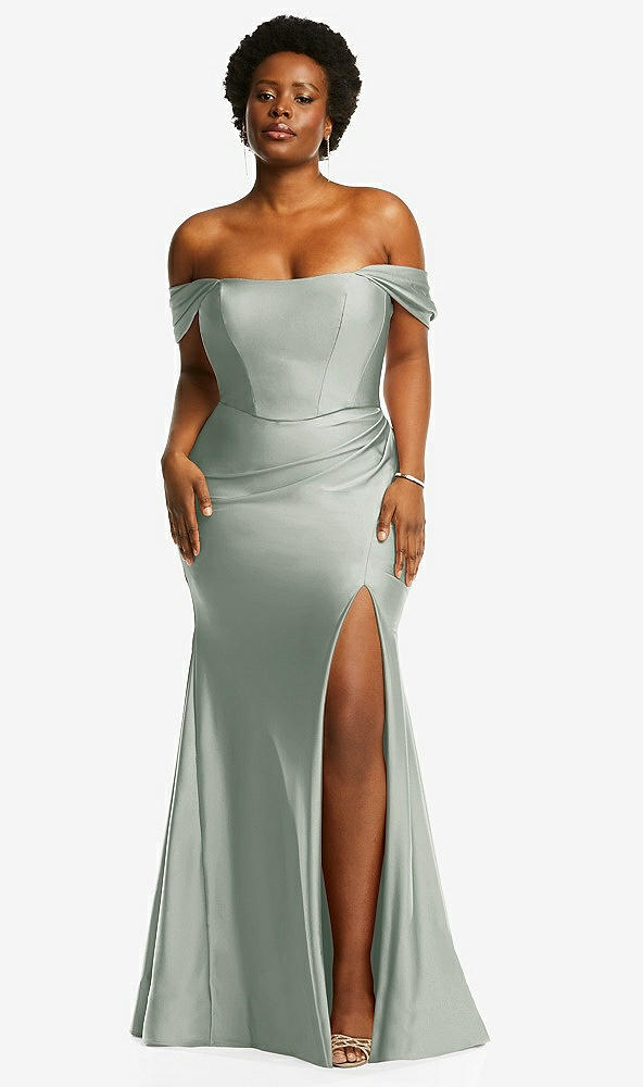 Front View - Willow Green Off-the-Shoulder Corset Stretch Satin Mermaid Dress with Slight Train