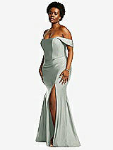 Rear View Thumbnail - Willow Green Off-the-Shoulder Corset Stretch Satin Mermaid Dress with Slight Train