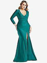 Front View Thumbnail - Peacock Teal Long Sleeve Draped Wrap Stretch Satin Mermaid Dress with Slight Train