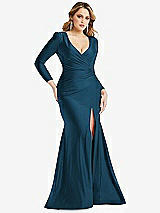 Front View Thumbnail - Atlantic Blue Long Sleeve Draped Wrap Stretch Satin Mermaid Dress with Slight Train