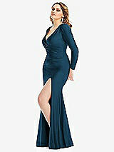 Side View Thumbnail - Atlantic Blue Long Sleeve Draped Wrap Stretch Satin Mermaid Dress with Slight Train