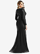 Rear View Thumbnail - Black Long Sleeve Draped Wrap Stretch Satin Mermaid Dress with Slight Train