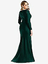Rear View Thumbnail - Evergreen Long Sleeve Draped Wrap Stretch Satin Mermaid Dress with Slight Train