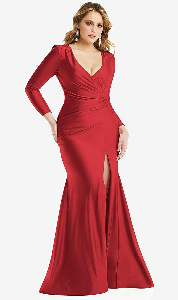 Front View - Poppy Red Long Sleeve Draped Wrap Stretch Satin Mermaid Dress with Slight Train