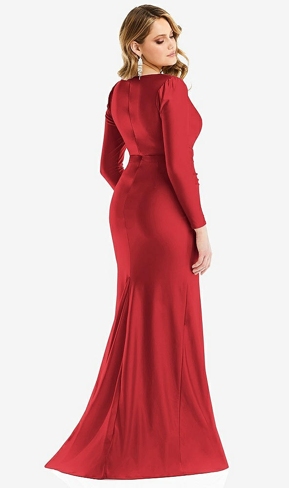 Back View - Poppy Red Long Sleeve Draped Wrap Stretch Satin Mermaid Dress with Slight Train
