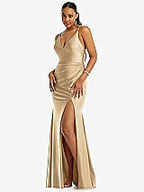 Front View Thumbnail - Soft Gold Deep V-Neck Stretch Satin Mermaid Dress with Slight Train
