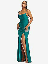 Alt View 1 Thumbnail - Peacock Teal Cowl-Neck Open Tie-Back Stretch Satin Mermaid Dress with Slight Train