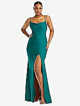 Front View Thumbnail - Peacock Teal Cowl-Neck Open Tie-Back Stretch Satin Mermaid Dress with Slight Train
