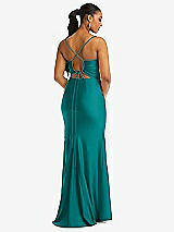 Rear View Thumbnail - Peacock Teal Cowl-Neck Open Tie-Back Stretch Satin Mermaid Dress with Slight Train