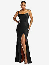 Front View Thumbnail - Black Cowl-Neck Open Tie-Back Stretch Satin Mermaid Dress with Slight Train