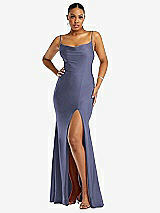 Front View Thumbnail - French Blue Cowl-Neck Open Tie-Back Stretch Satin Mermaid Dress with Slight Train