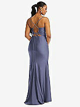 Rear View Thumbnail - French Blue Cowl-Neck Open Tie-Back Stretch Satin Mermaid Dress with Slight Train