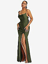 Alt View 1 Thumbnail - Olive Green Cowl-Neck Open Tie-Back Stretch Satin Mermaid Dress with Slight Train