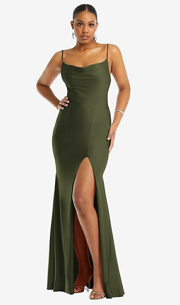 Front View - Olive Green Cowl-Neck Open Tie-Back Stretch Satin Mermaid Dress with Slight Train