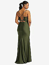 Rear View Thumbnail - Olive Green Cowl-Neck Open Tie-Back Stretch Satin Mermaid Dress with Slight Train