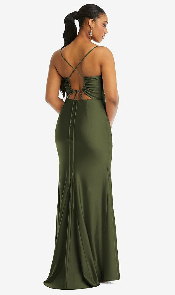 Back View - Olive Green Cowl-Neck Open Tie-Back Stretch Satin Mermaid Dress with Slight Train