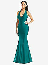 Front View Thumbnail - Peacock Teal Plunge Neckline Cutout Low Back Stretch Satin Mermaid Dress