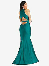 Rear View Thumbnail - Peacock Teal Plunge Neckline Cutout Low Back Stretch Satin Mermaid Dress