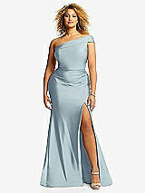 Front View Thumbnail - Mist One-Shoulder Bias-Cuff Stretch Satin Mermaid Dress with Slight Train