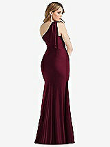 Rear View Thumbnail - Cabernet Cascading Bow One-Shoulder Stretch Satin Mermaid Dress with Slight Train