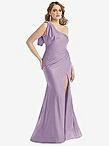 Alt View 1 Thumbnail - Pale Purple Cascading Bow One-Shoulder Stretch Satin Mermaid Dress with Slight Train